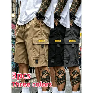 Men's Plain Aesthetic Medium-Length Loose-Fitting Adjustable Outdoor Work Shorts 3-Pack Set, Drawstring Waist, Multi-Pocket Lightweight Summer Casual Street Style Bottoms, Medium-Length Men's Shorts, Loose-Fitting Men's Shorts