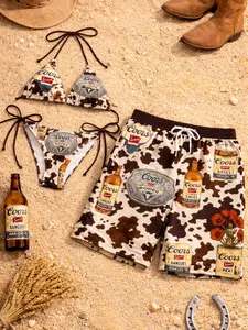 Coors Cowboy Couple Swimwear - Set Matching Bikini & Men’s Beach Shorts, Rustic Rodeo Summer Vacation Beachwear Outfit Style