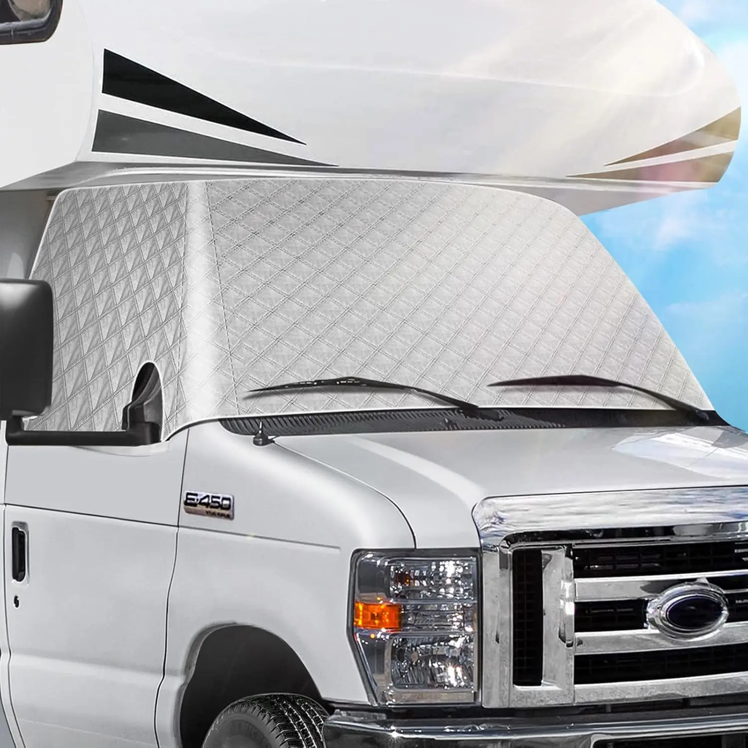 RV Windshield Cover Compatible with Class C Ford E450 1997-2025 Motorhome,Windshield Cover for Ice and Snow RV Front Window Sunshade Cover UV Block 4 Layers with Mirror Cutouts,Silver, Heat Shield, All Seasons,summervibes