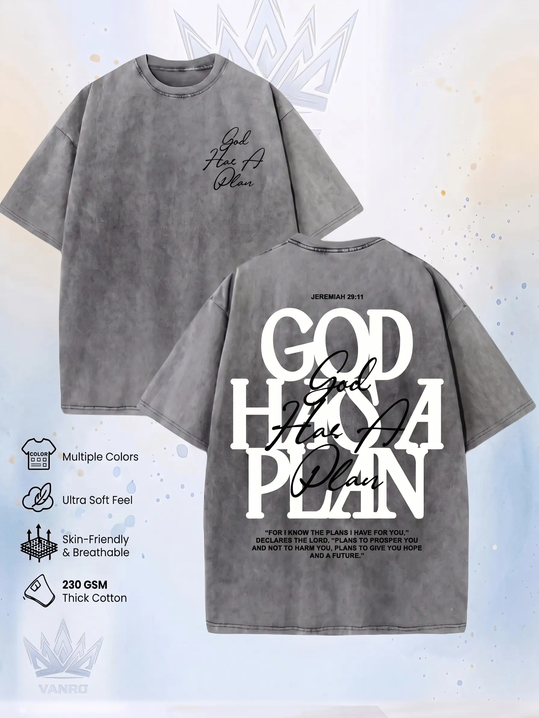 Retro Washed Double Sided Printed T-Shirt, 'GOD HAS A PLAN' Letter Graphic Tee, 230g Pure Cotton, Slightly Cropped, Crewneck, Distressed Streetwear, Men's Casual Comfortable Fashion Tops Smooth Fabric Seamless Soft Tshirt graphic tee t shirt   tshirt men