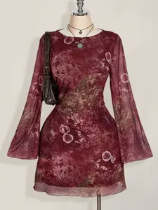 Meghana Plus Size Women Dresses Fall, Women Long Sleeve Dresses, Y2k Vintage Paisley Mesh Bell Sleeve Sexy Festival Dress For Daily