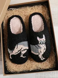 German Shepherd Plush Slippers, Creative Retro Cartoon Design, Warm Indoor Outdoor Non-Slip Shoes, Fall Winter Gift