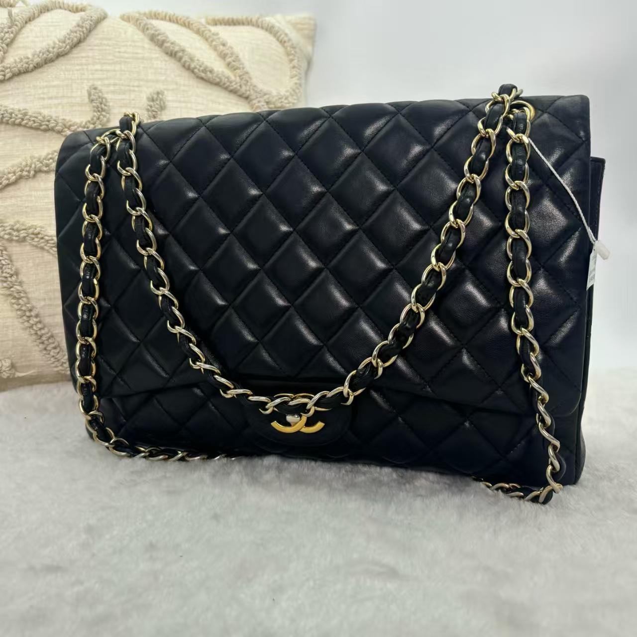 Pre-owned CHANEL Classic Flap | Black Lambskin Gold Hardware, Maxi Size|19373135