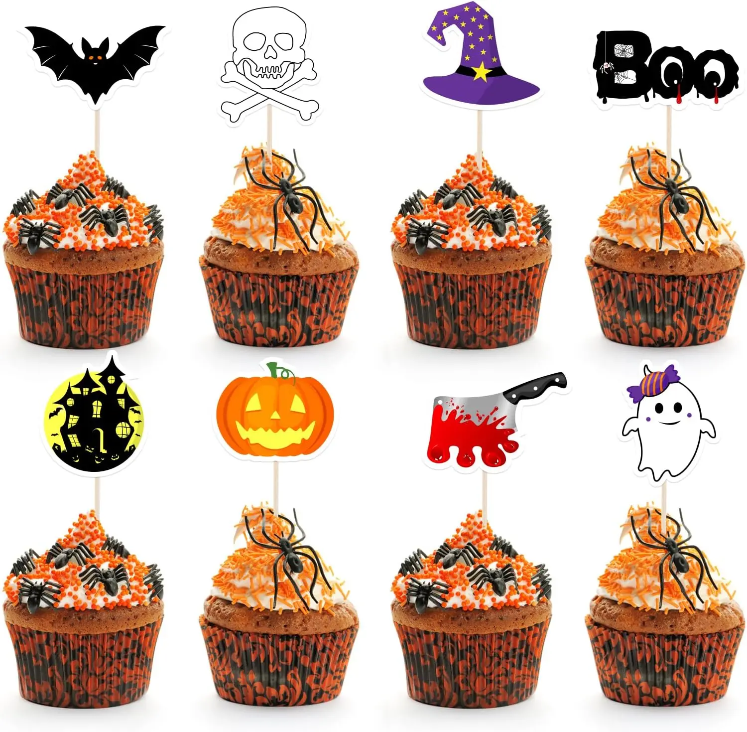 64 PCS Halloween Cupcake Toppers, Pumpkin Ghost Bat Boo Cake Picks, Halloween Cupcake Decorations, Halloween Party Supplies, Cupcake Picks for Halloween Birthday, Dessert Table Decor