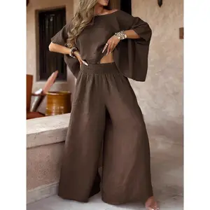 Women's 2 Piece Outfits Loungewear Set Casual Summer Clothes Off Shoulder Top Wide Leg Pants Coquette Aesthetic
