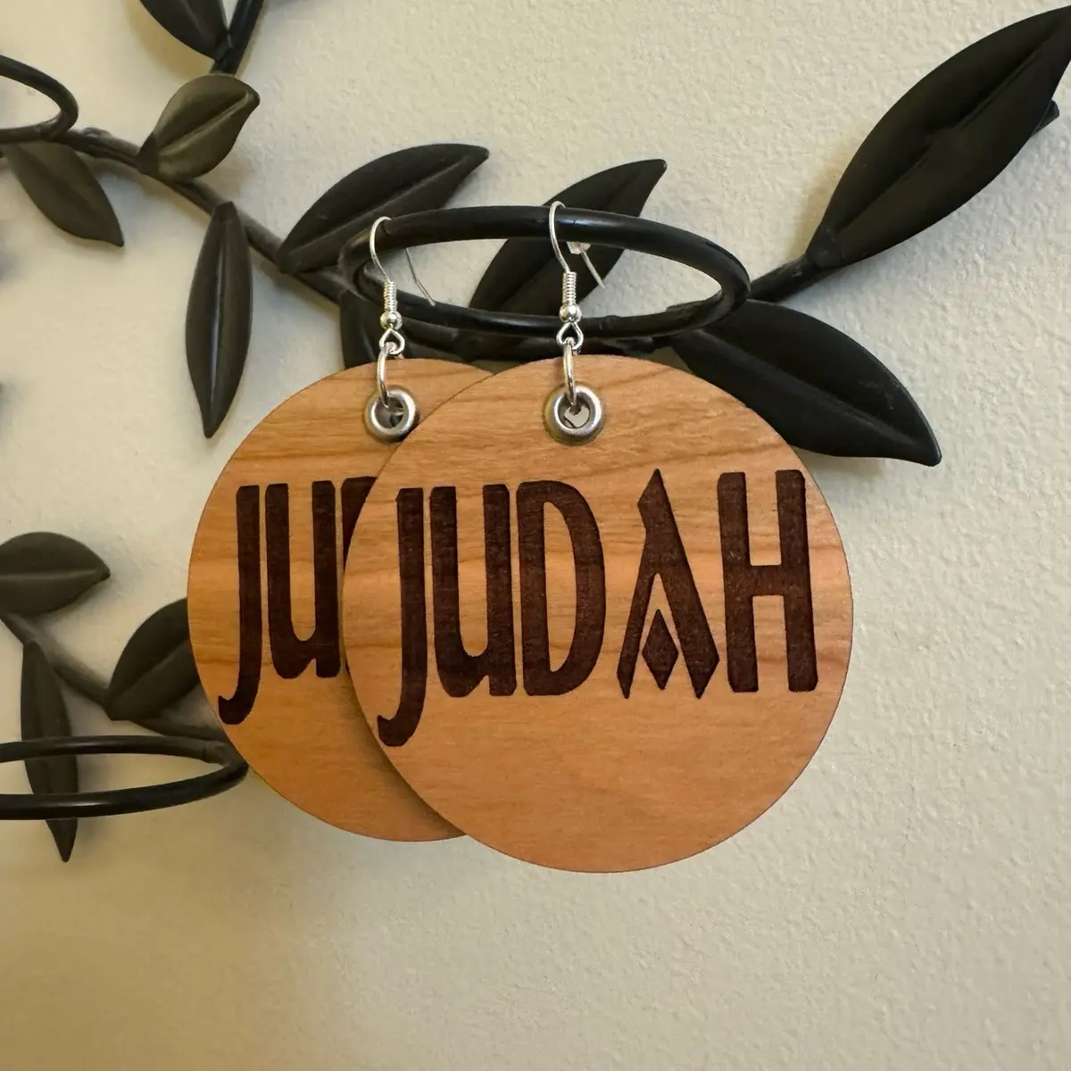JUDAH Cherry Wood Earrings 2.5 inches Engraved on both sides