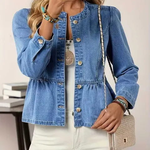 Women's Elastic Stretchy Denim Ruffled Long Sleeve Jacket, Coats, Womenswear, Vintage Hand-Stitched Button Design, Casual Fashion Outerwear for Daily Wear, Casual Chic Outerwear