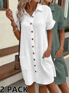 2026 Women's 2 Pack Button Down Shirt Dresses, Sexy Crinkle Textured Mini Dresses, Tummy Control, Beach Cover Ups, Spring & Fall, Summer