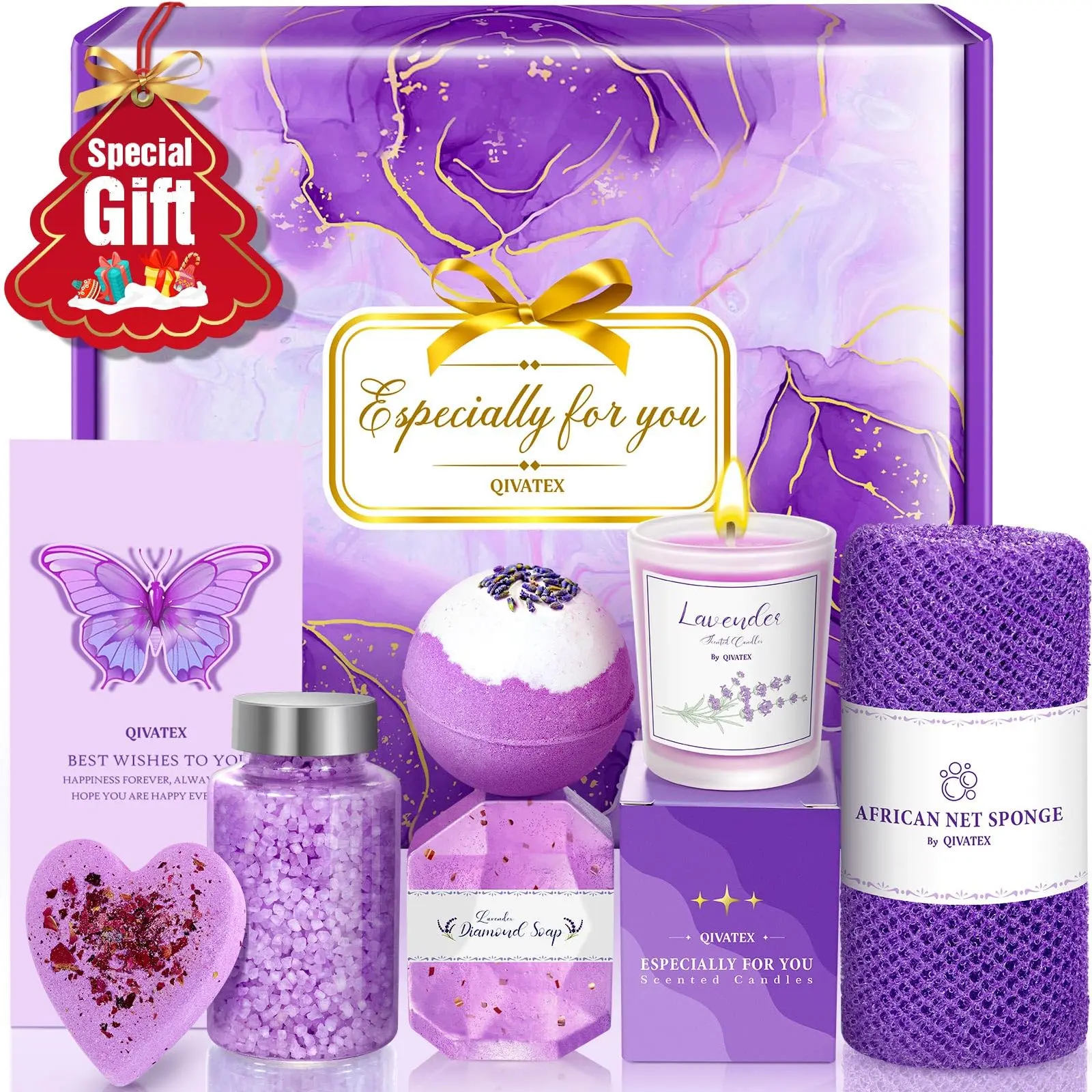 Bath Gift Set for Women, Christmas Stocking Stuffers for Women, Birthday White Elepant Gifts for Wife Her Sister Mom Auntie Grandma Friends, Relaxing Spa Self Care Lavender Bath Bombs Set