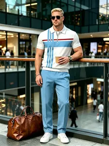 Men’s two-piece short-sleeve polo set featuring white, blue, and red striped color-block design; men’s fashionable casual athletic wear for adults.
