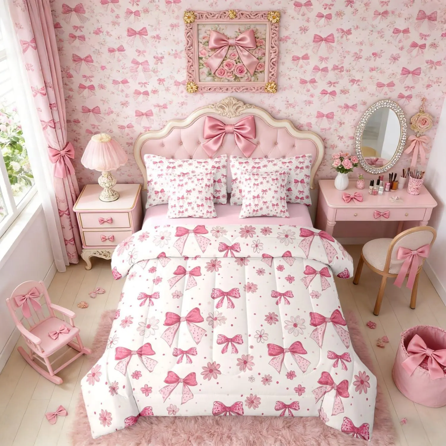 Feelyou Girls' 7-Piece Microfibre Breathable Bedding Set - Multi-Size Bed-in-A-Bag for Bedroom, with Princess Bow Comforter, Floral Daisy Sheets, Modern Coquette Aesthetic, Machine Washable Kids Bedding Set, Princess Room, Breathable Fabric, Bedding Sets