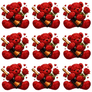9pcs DIY Iron-On Applique Patches - Red Roses & Champagne Bottles with Teddy Bear-Like Hearts & Wine Caps Design, Heat Transfer Stickers for T-Shirts, Jeans, Hats, Pillows - Durable Washable Plastic Sheets, Ideal Gift for Women & Men