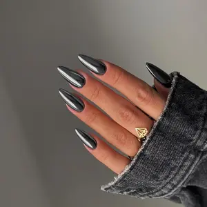 Smoky Grey Chrome Press on Nails Medium Almond, Mirror Metal Stiletto Fake Acrylic Nails with Bling Design, Black Glue on Nails for Daily Wear, False Nails Press ons in 24 Pcs