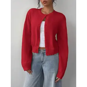 Plus Size Casual Solid Color Round Neck Long Sleeve Oversized Cropped Cardigan Sweater For Women,Tops For School Fabric Fit