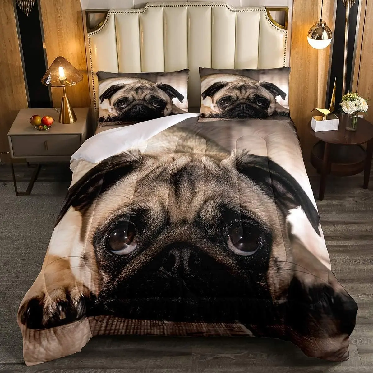Feelyou Pug Print Cute Puppy Duvet Set - Soft Breathable Quilted Down Comforter, Domestic Pet Decorative Bedroom Bedding Set