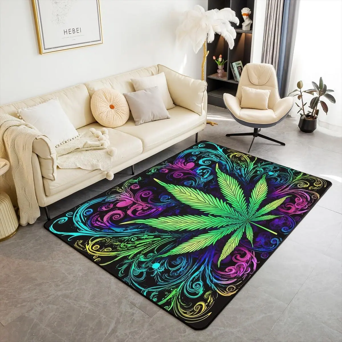 Weed Area Rug and Mats,Marijuana Weed Leaf Decorative Carpet Set Trippy Cannabis Leaves Super Floor Mat Decor,Boho Carpet,Non-Slip Living Room Rugs Bedroom
