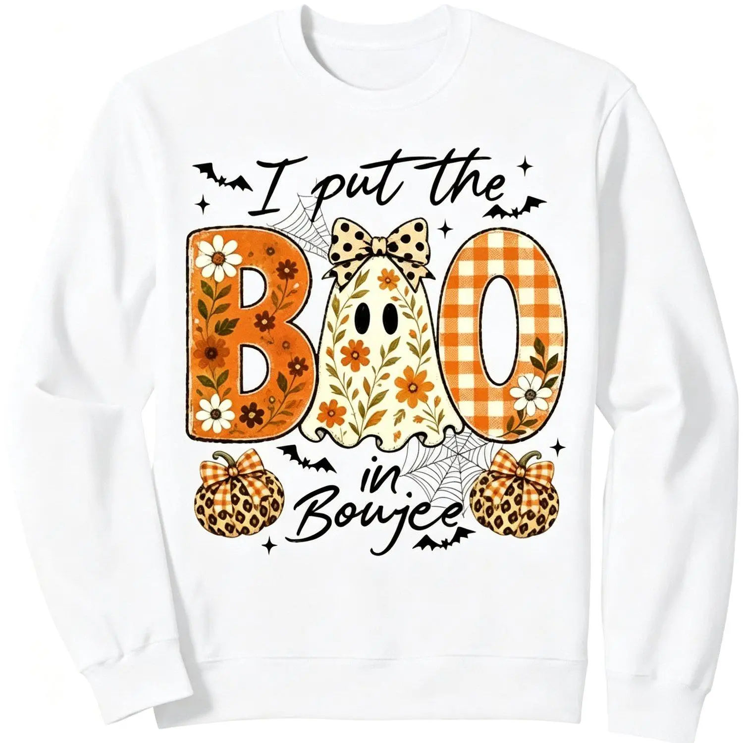 Men’s sports sweatshirt – “I put the boo in boujee” crew neck athletic pullover, casual and stylish apparel featuring floral, ghost, leopard, and pumpkin designs