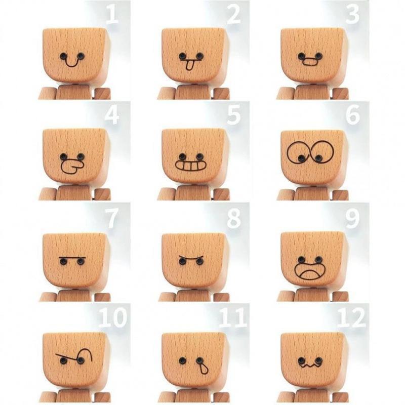 12-Piece Wooden Expression Figurine Set  DIY Leg-Shaking Desk & Car Ornaments  Natural Mini Decorations for Office & Home  Creative Birthday Gift & Art Collectible Kit with Tool & Carbon Brush