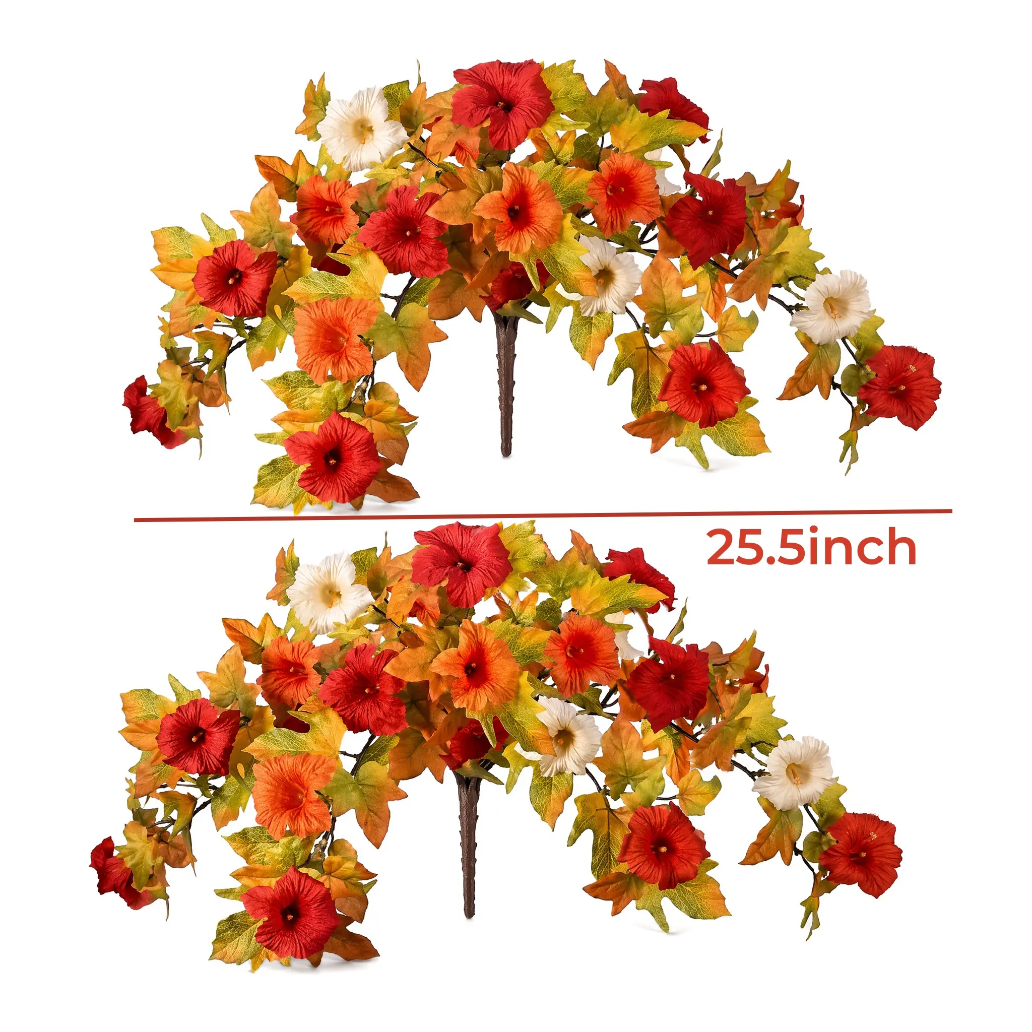 [1/2 Pack] 25.5in Full Size UV-Resistant Waterproof Decorative Fall Hanging Baskets - Artificial Hibiscus Flowers, Autumn Maple Leaves - Indoor Outdoor Porch Area Fake Arrangements (Orange/Red)