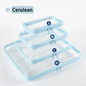 4-Pack Modern Hard Shell Clear Storage , 4-in-1 Transparent Zipper Organizer Case, Stackable Portable PET Bins for Travel, Closet & Home Organization mini box Display