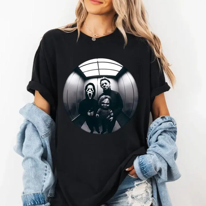 Women's Elevator of Nightmares Crew Neck T-Shirt - Slasher Icons Graphic, Casual Shortsleeve Top, Halloween Vibes, Black Unisex Tee Round Neck
