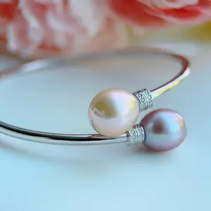 Piswency Double Teardrop Freshwater Pearl Bangle Bracelet,  925 Sterling Silver Adjustable Bangle with Sparkling Zirconia, Gift for Her