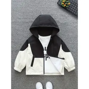 Korean-style Versatile Fashionable Simple Cool Outfit for Little Boys, Handsome New Autumn Hooded Color-Block Design Single-Zipper Jacket for Middle and Older Toddlers/Boys