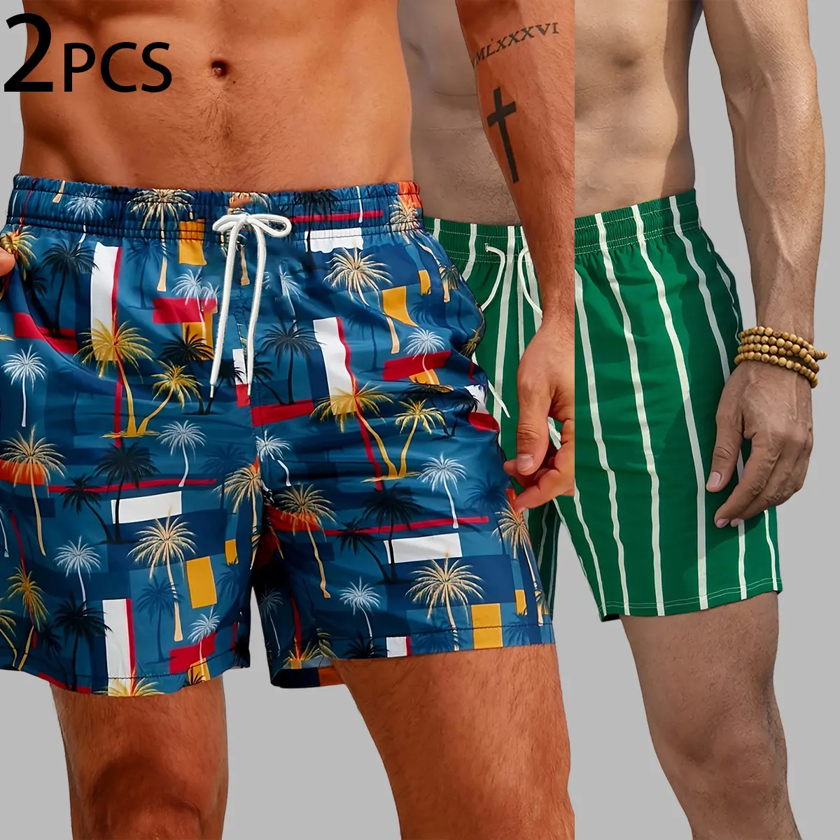 Men's summer three piece shorts with adjustable drawstring featuring green stripes, contrasting grid patterns, beach themed patterns, and palm themed designs, suitable for casual outdoor and vacation wear