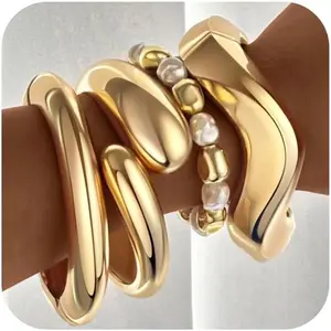 4PCS Chunky Gold Bangle Bracelets for Women Trendy Wide Wrist Cuff Bracelets Stack Statement Bangle Fashion Jewelry Gift 14K Gold Plated Metal High Quality Comfortable Wear