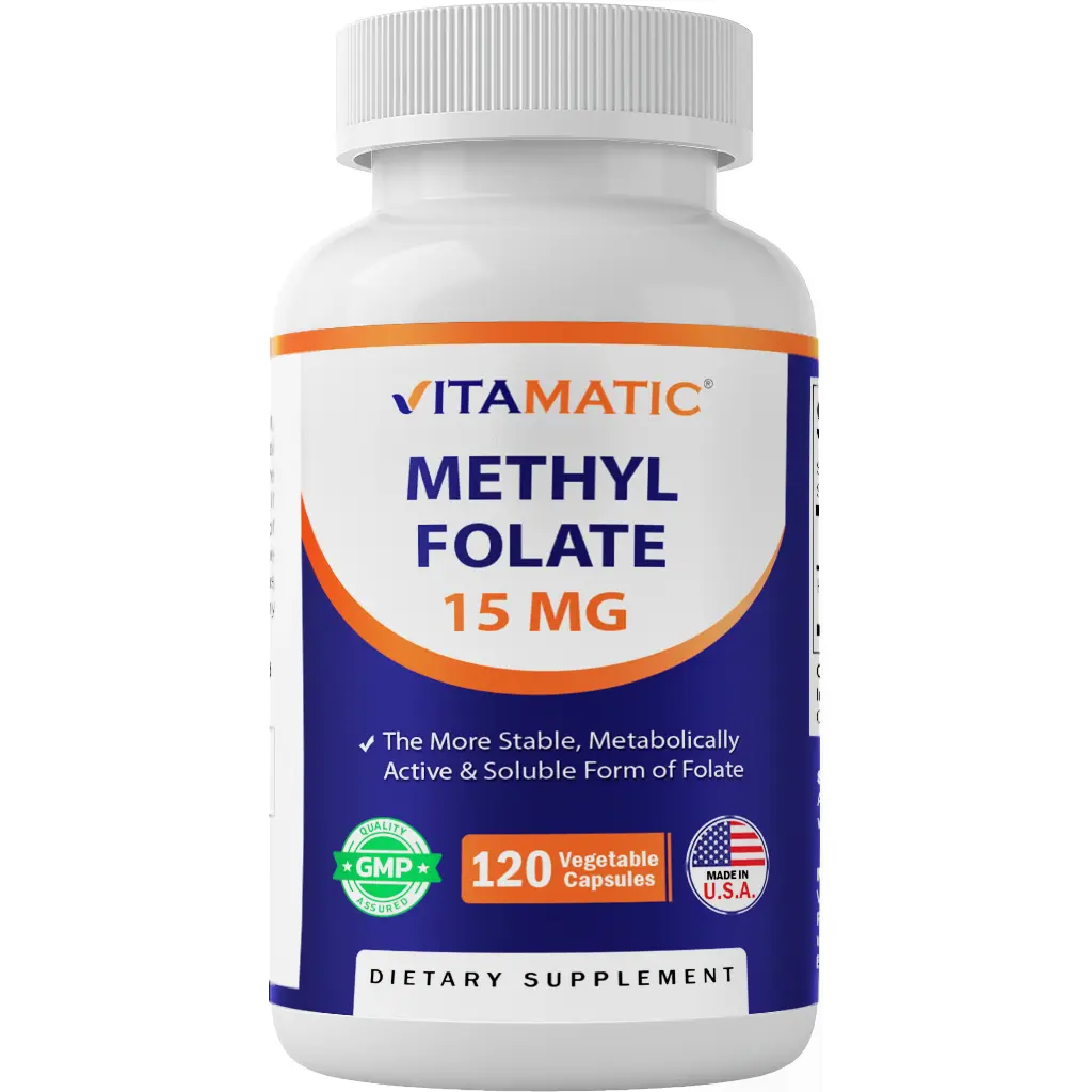Vitamatic Methyl Folate 15mg Dietary Supplement - 120 Vegetable Capsules, High Potency Methylated B Vitamins, Metabolically Activated, Soy-Free, Supports Heart Health, Brain Health & Magnesium Absorption, Body Health, Unflavored