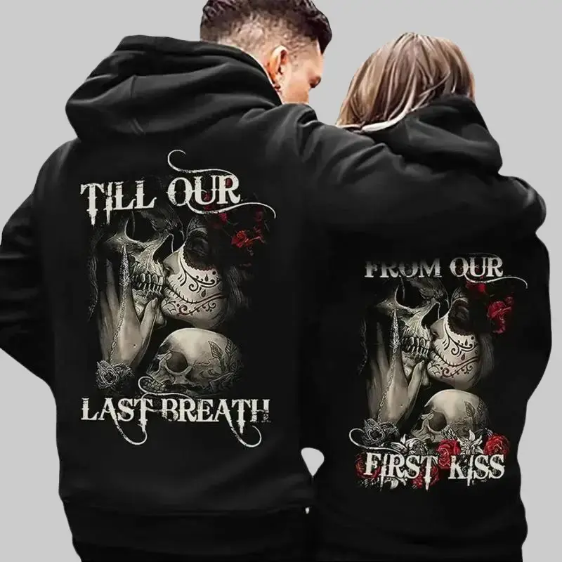 Skull And Rose Couple Hoodie, From Our First Kiss Till Our Last Breath Graphic Couple Matching Outfits Hoodies, TShirt,  Casual for Women for Men, Perfect Gift