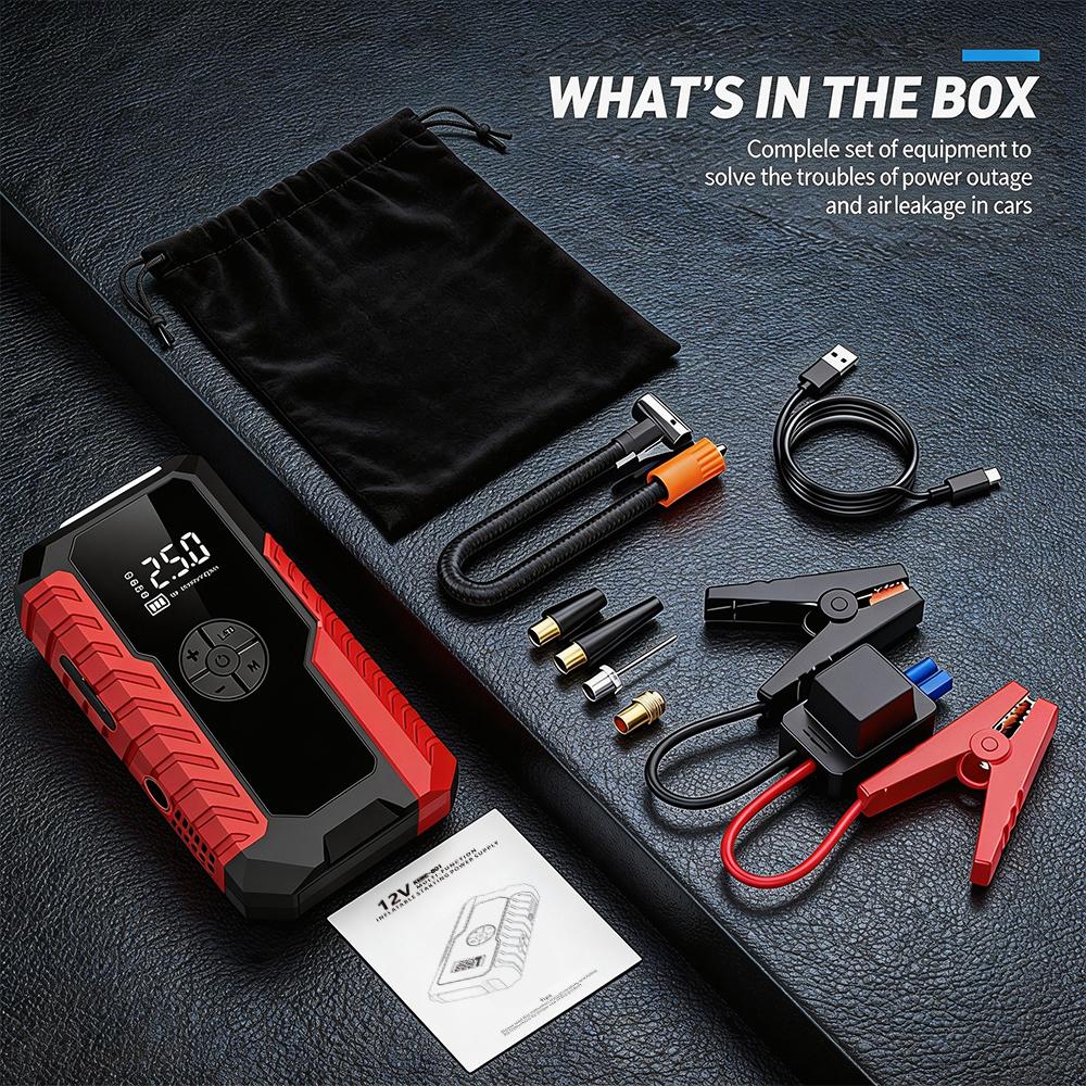 7-in-1 Jump Starter & Air Compressor Saves the Day.150PSI Jump Starter Starts 8.0L Gas/6.0L Diesel in 60s!