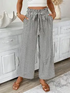 Full Size Striped Wide Leg Paper Bag Pants Plus Size