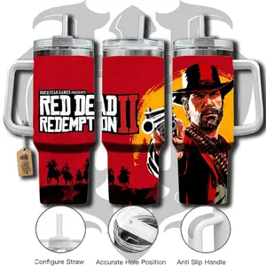 HardTimesMerch - Red Dead Redemption 2 #1 40oz Handle Tumbler Stainless Steel Travel Mug, Game Inspired Vacuum Insulated Cup, Large Iced Coffee Tumbler, Manga Fighter Drinkware, Gamer Gift for Him Her