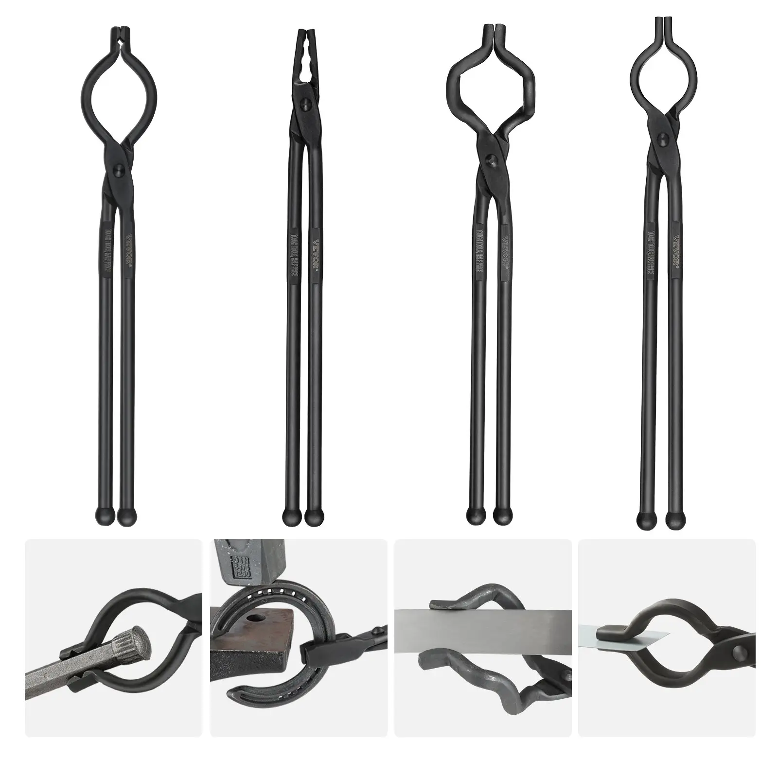 VEVOR Blacksmith Tongs, 18" 4 PCS, V-Bit Bolt Tongs, Wolf Jaw Tongs, Z V-Bit Tongs and Gripping Tongs, Carbon Steel Forge Tongs with A3 Steel Rivets, for Beginner and Seasoned Blacksmiths, Bladesmith