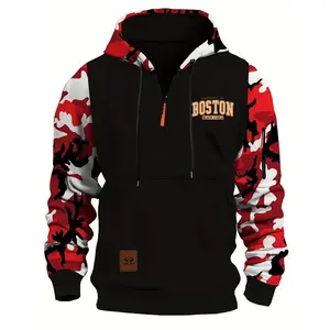 Stitching Hooded Men's Boston Printed Camouflage American Vintage Zipper Sweatshirt, Loose Fit Pullover Design with Top Stitching and Slit Pocket, Available in Red, Army Green, Blue, and Gray