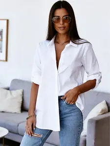 Plus Size Women's Solid Color Lapel Shirt, Fitted Plain Blouse, Casual Fashion Chic Top, Casual Elegance Style, Comfortable Daily Wear, Perfect for All Seasons