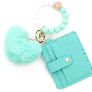 Silicone Beaded Wristlet Wallet Keychain Set for Women Cute ID Holder with Pom Pom Charm Minimalist Mini Wallet for Keys Cards and Cash 5 Trendy Colors Essential Credit Card Bag