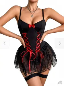 Lace Trim Corset Bodysuit with Red Ribbon Bows - Gothic Coquette Mini Skirt Lingerie Set for Women
