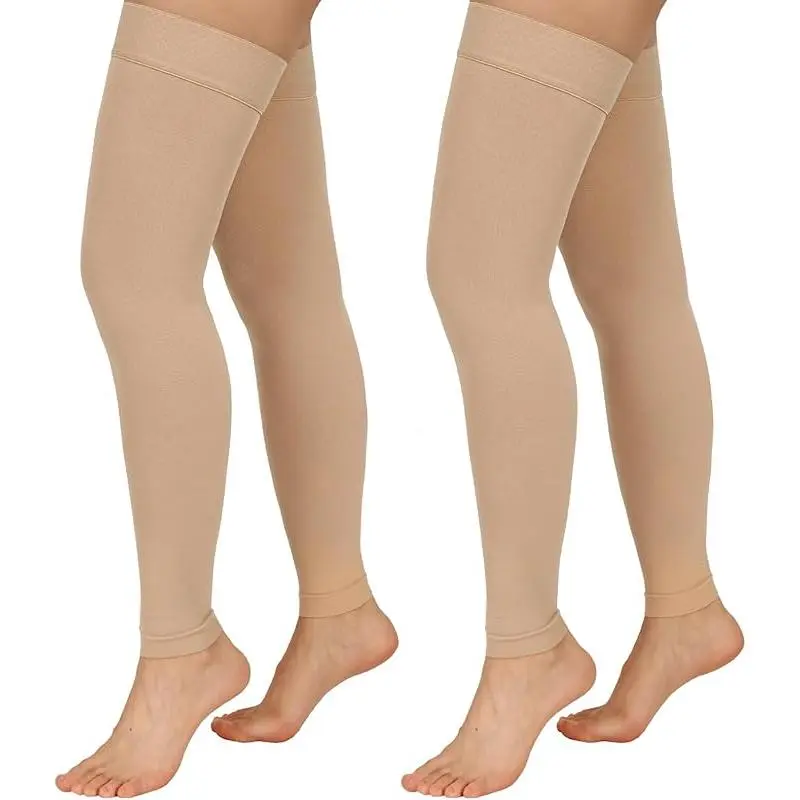 KF Roam [2 Pairs Pack]20-30 mmHg Compression Socks, Open Toe Design Medical Grade Support Stockings with Silicone, Best for Varicose Veins Relief, Sports & Daily Wear (Black/Beige, 3XL)