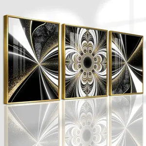 3 Counts Aluminum Alloy Framed Painting, Abstract Black White And Gold Geometric Art, Home Decoration For Living Room, Bedroom, Office, Restaurant, Hallway Wall Decor, Odorless Print Artwork, Luxury Perfect Gift For Friends And Family