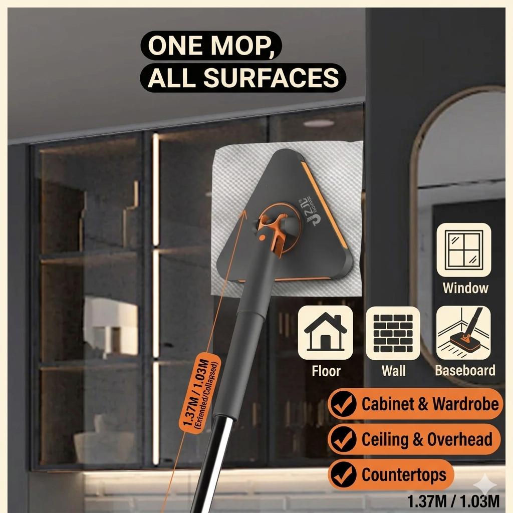 360° Auto-Clamping Triangular Mop: The Ultimate Solution for Ceiling Corners! (Includes 30 Cleaning Cloths)