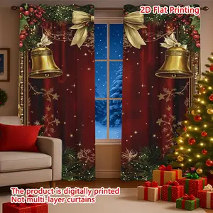 Christmas Curtain Set, Transparent Wine Pattern with Gold Bells and Snowflakes, Polyester Rod Decor, Suitable for Living Room and Bedroom