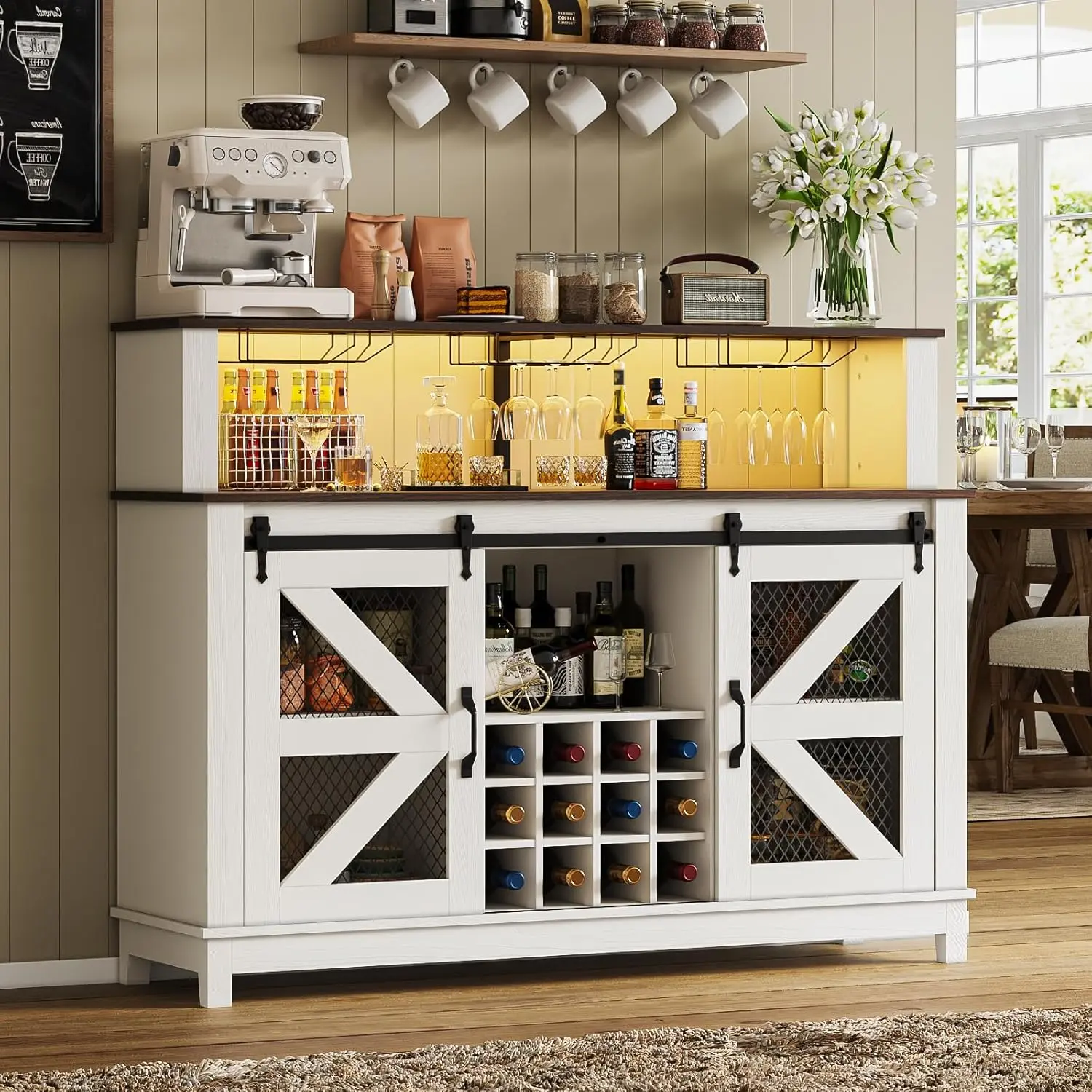 PUKAMI 55" Farmhouse Coffee Bar Cabinet with LED Lights, Sliding Barn Door, Wine Glass Rack & Adjustable Shelf - Farmhouse Buffet Cabinets with Adjustable Compartments for Living Room, Adjustable Compartments Bar Cabinets
