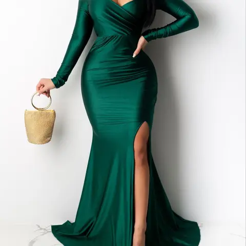 Women's Plain Off The Shoulder Wrap Split Bodycon Dress, Elegant Chic Style Long Sleeve Maxi Dress For Evening Party, Ladies Spring & Fall Clothes, Elegance, Fit