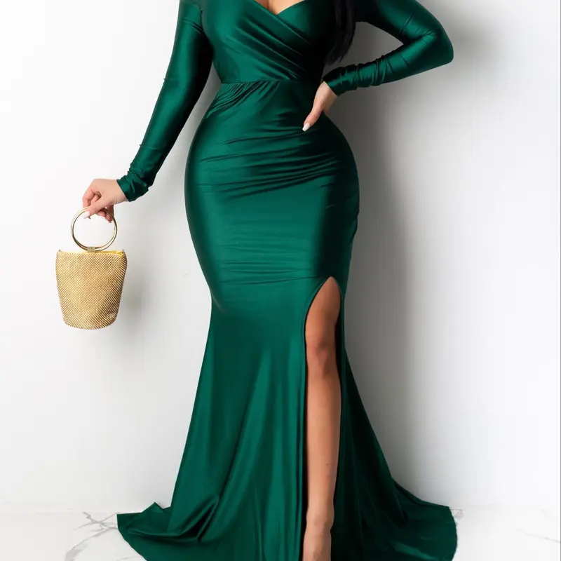 Women's Plain Off The Shoulder Wrap Split Bodycon Dress, Elegant Chic Style Long Sleeve Maxi Dress For Evening Party, Ladies Spring & Fall Clothes, Elegance, Fit