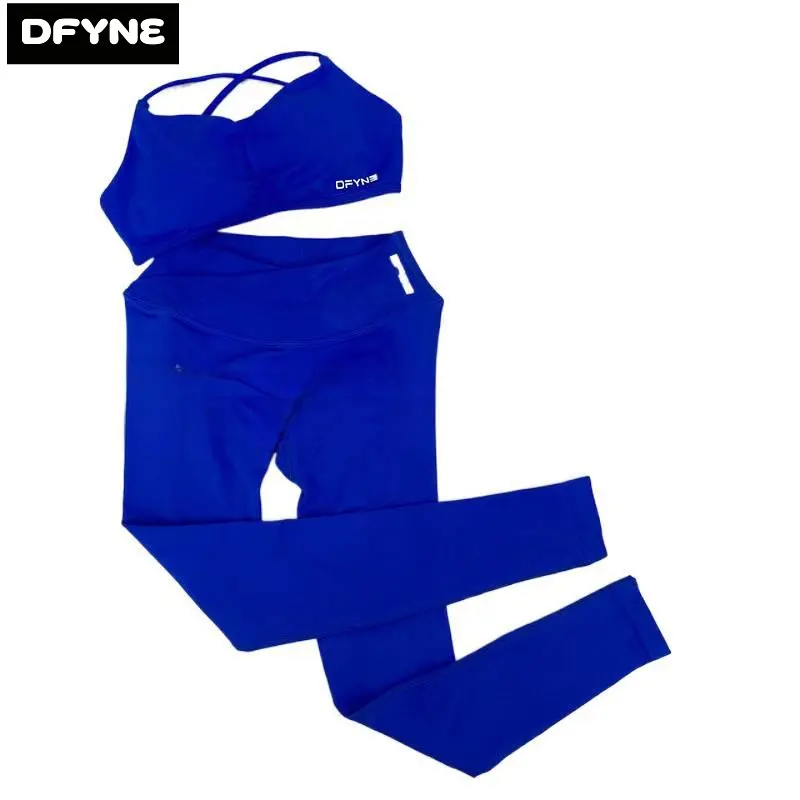 DFYNE Women's 2 Piece Workout Set Seamless Crossover High Waisted Leggings with Strappy Push Up Sports Bra Yoga Outfit