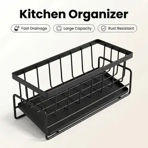 Kitchen Sink Organizer, Countertop Sponge Holder with Drain Tray, Rustproof Kitchen Sink Caddy for Dish Soap, Brush, Sponge, and Utensils