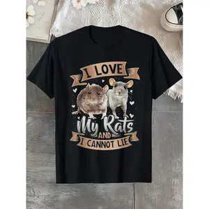 I Love My Rats And I Cannot Lie Rat Lover T-Shirt - Black Cotton, Casual Crew Neck, All-Season Comfort, Playful Mouse Design With Hearts, Perfect For Adult Fans Of Rodents, Casual Wear Playful Design Comfortable Fit, PLUS SIZE