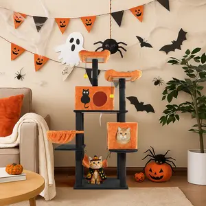 Rebuyhome 61" Halloween Cat Tree, Large Cat Tower with 2 Spacious Cat Condos, 2 Padded Perches, Hanging Toy, Multi-Level Cat Activities Furniture for Large Cats, 2 Hammocks, Scratching Posts, Orange & Black